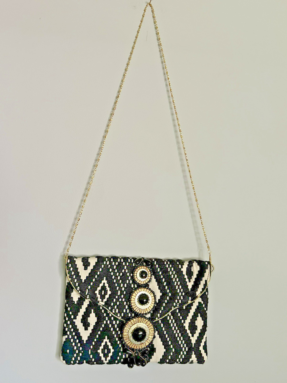 Boho Aztec Tribal Purse Clutch Handbag Festival Resort Beaded Black & White‎